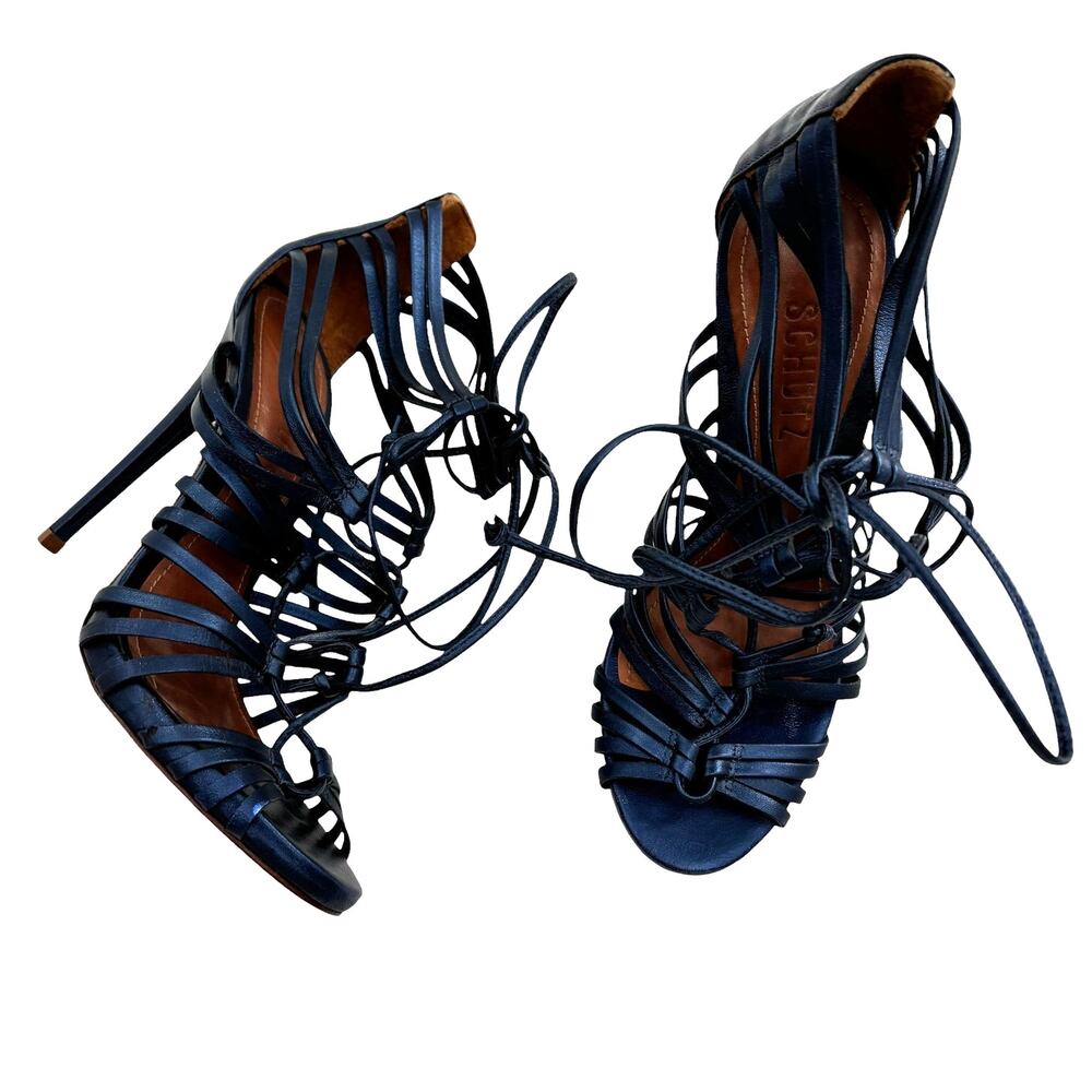 Schutz Sailfish Blue Metallic Strappy High Heel Sandals